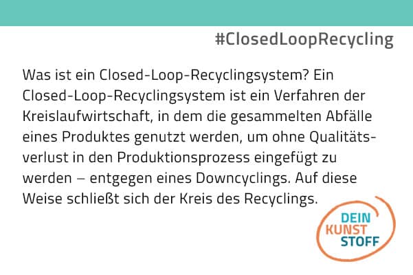 Ein Closed-Loop-Recyclingsystem ist ein Verfahren der Kreislaufwirtschaft, in dem die gesammelten Abfälle eines Produktes genutzt und ohne Qualitätsverlust in den Produktionsprozess eingeführt werden - entgegen eines Downcyclings. Auf diese Weise schließt sich der Kreis des Recyclings.