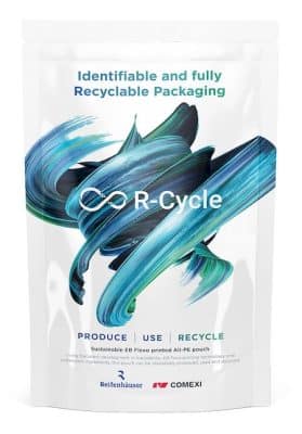 Abbildung der Verpackung von Reifenhäuser R-Cycle Pouch Design. Der digitale Produktpass ermöglicht höhere Recyclingquote. 