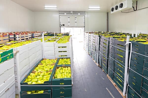 Peppers and apples in cold storage. Insulation is often made of plastic materials