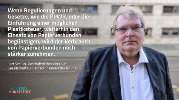 Wenn Regulierungen und Gesetze, wie die PPWR, oder die Einführung einer möglichen Plastiksteuer, weiterhin den Einsatz von Papierverbunden begünstigen, wird der Verbrauch von Papierverbunden noch stärker zunehmen. - GVM Kurt Schüler - Verpackungsforschung Parlamentarisches Frühstück